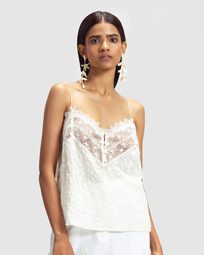 Embroidered Lace Silk Georgette CamisoleProduct DescriptionMade from silk georgette, this relaxed-fit camisole features a blend of lace and embroidery. Also includes a centre-front button closure and cordeTopsEmbroidered Lace Silk Georgette Camisole