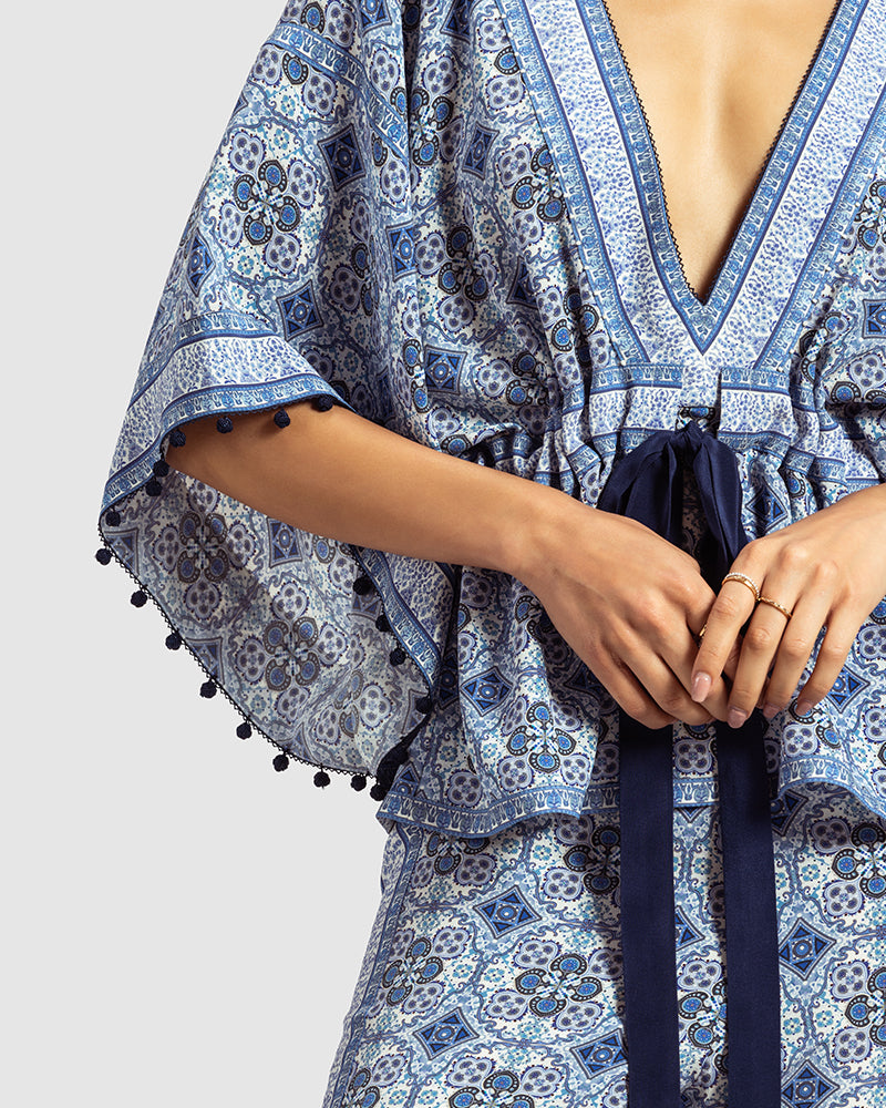 Blue Marissa Print Silk Crepe Top