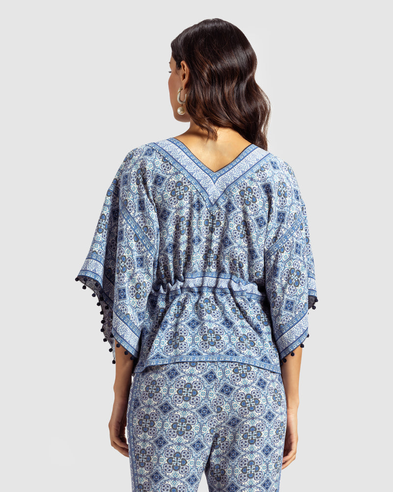 Blue Marissa Print Silk Crepe Top