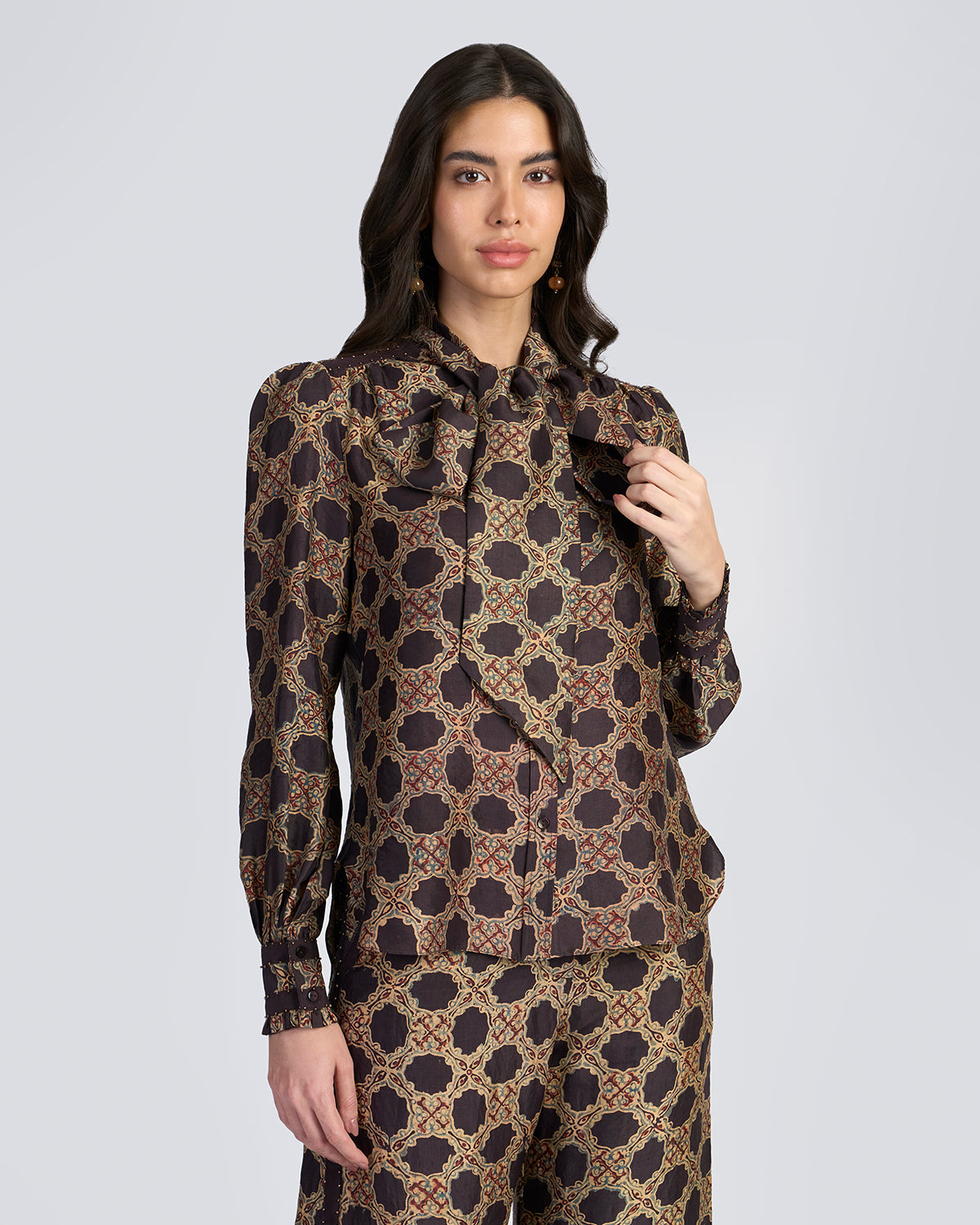 Ajrakh Scarf Neck Silk Blouse