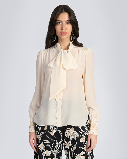 Beige Embroidered Scarf Neck Silk Blouse