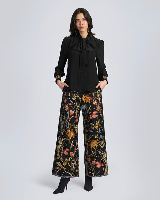 Black Embroidered Scarf Neck Silk Blouse