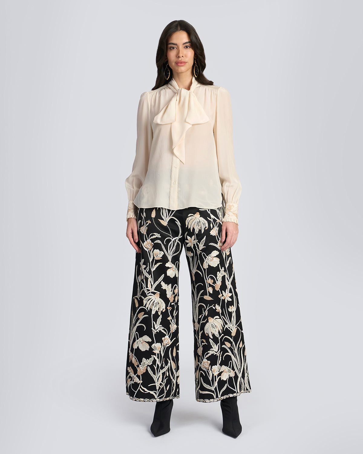 Beige Embroidered Scarf Neck Silk Blouse