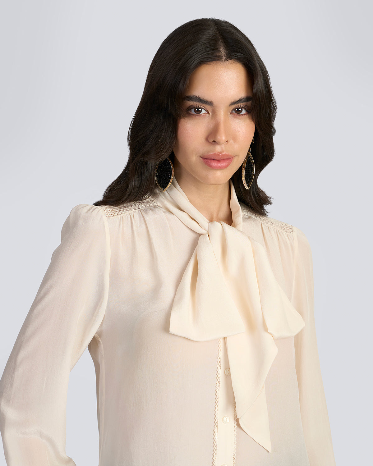 Beige Embroidered Scarf Neck Silk Blouse