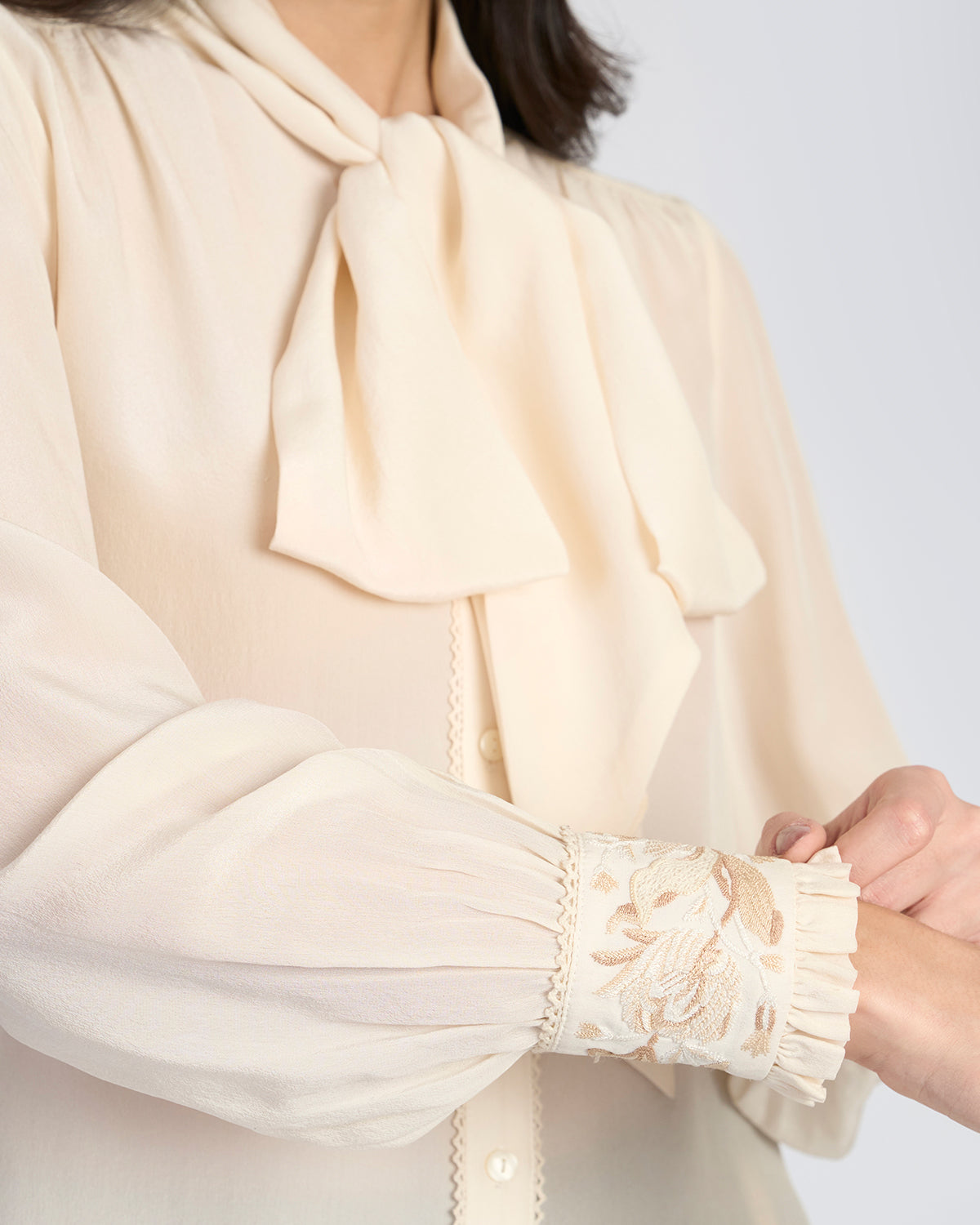 Beige Embroidered Scarf Neck Silk Blouse