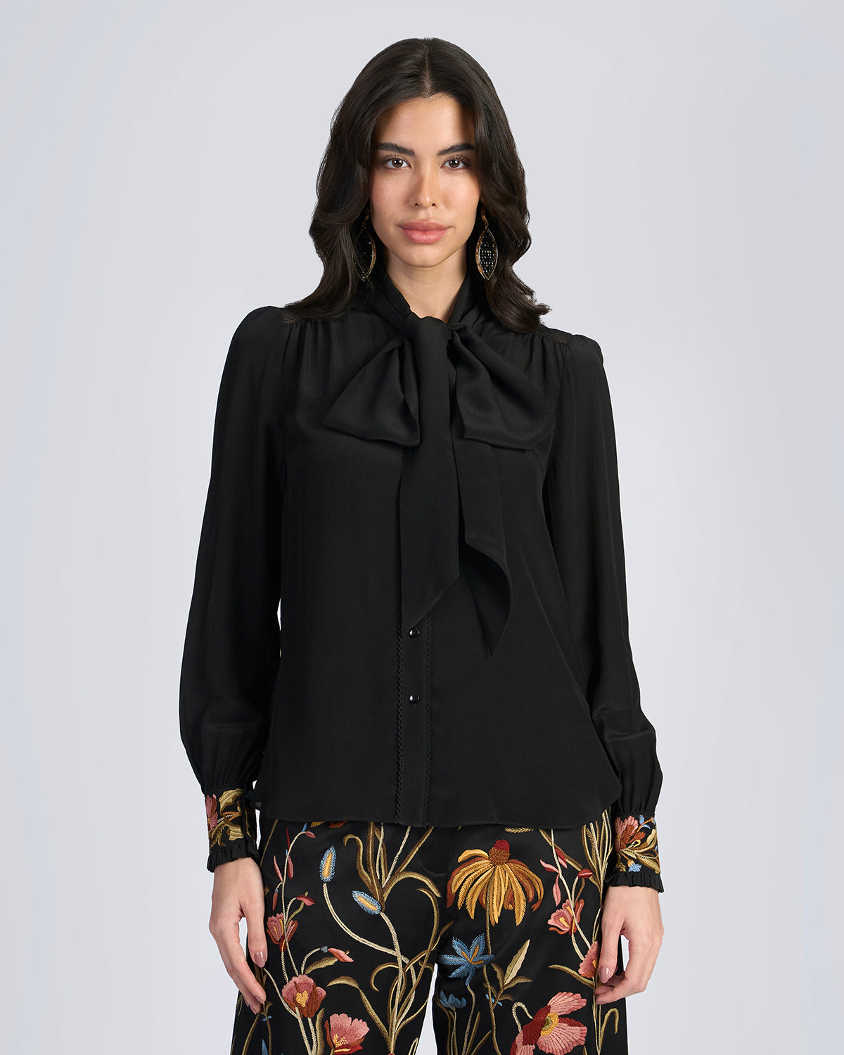 Black Embroidered Scarf Neck Silk Blouse
