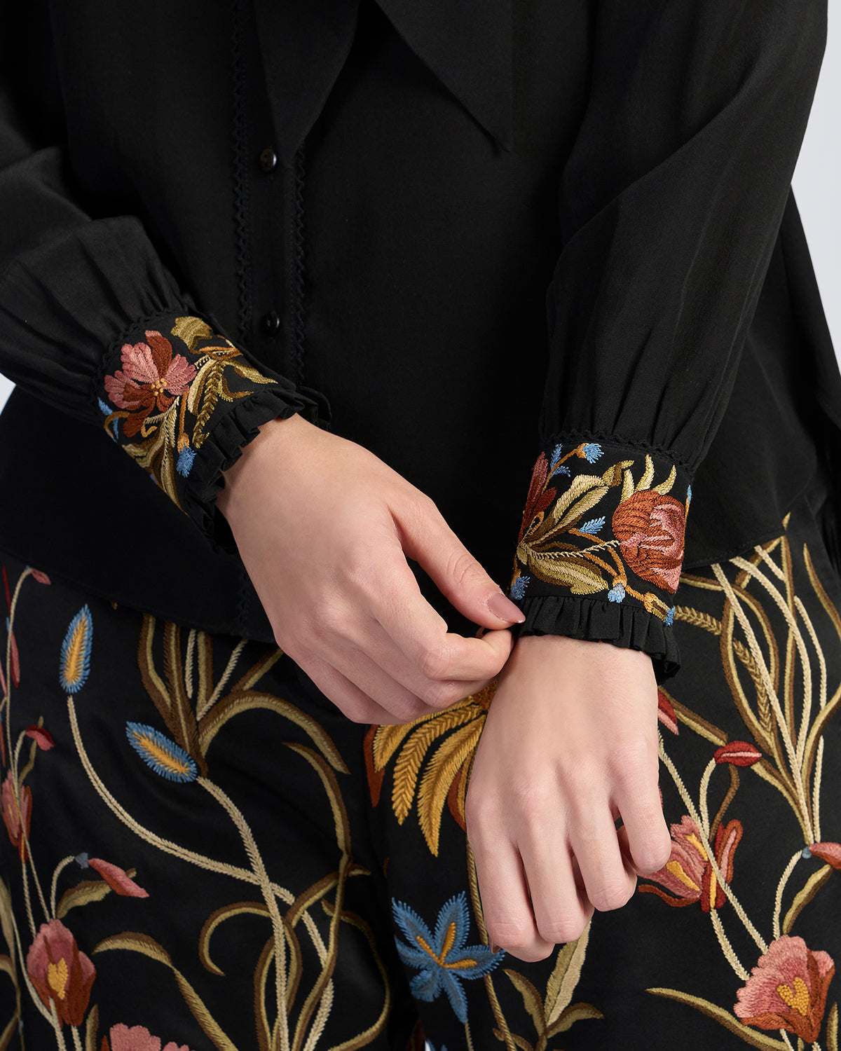 Black Embroidered Scarf Neck Silk Blouse