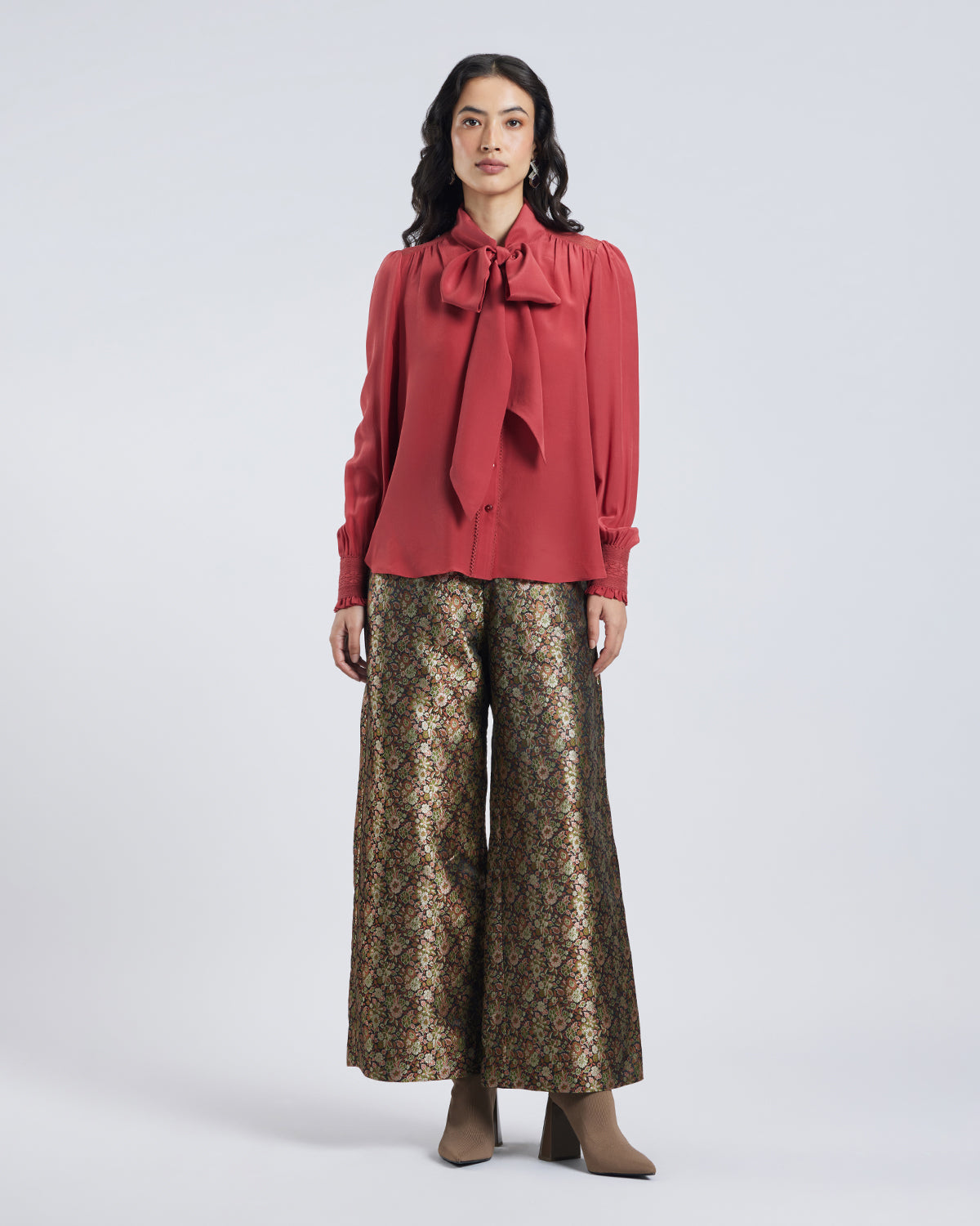 Terracotta Scarf Neck Silk Blouse