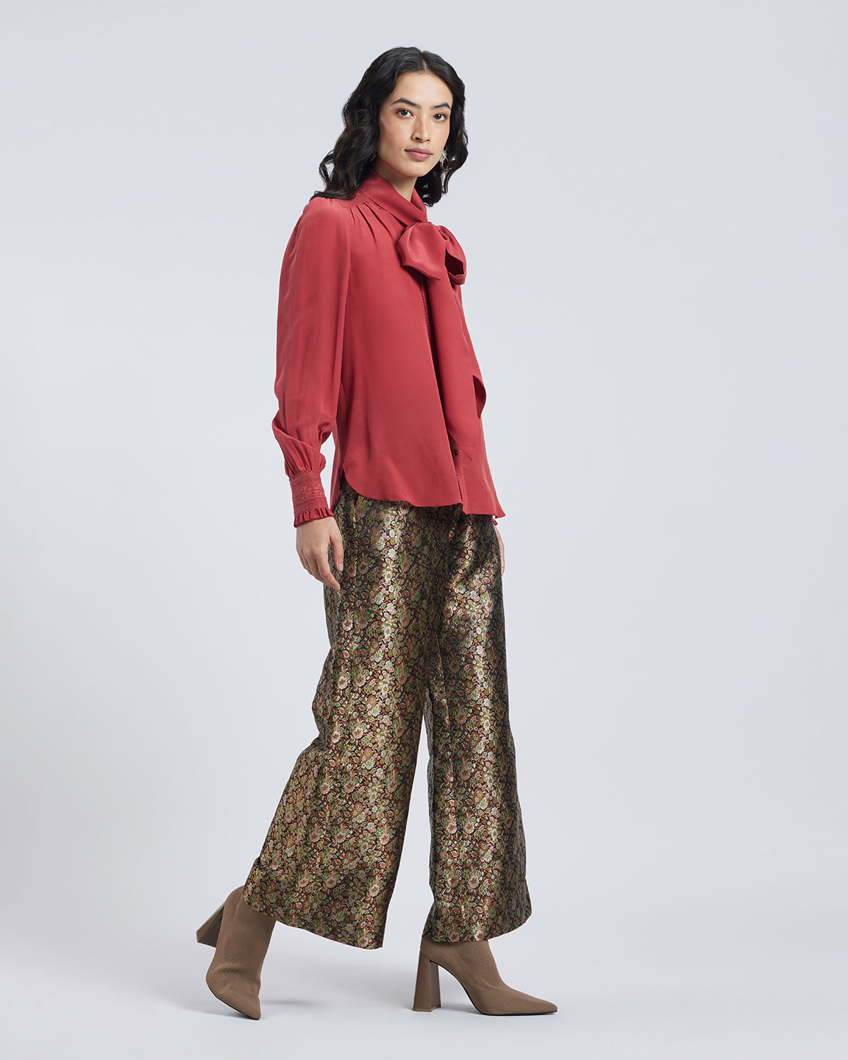 Terracotta Scarf Neck Silk Blouse