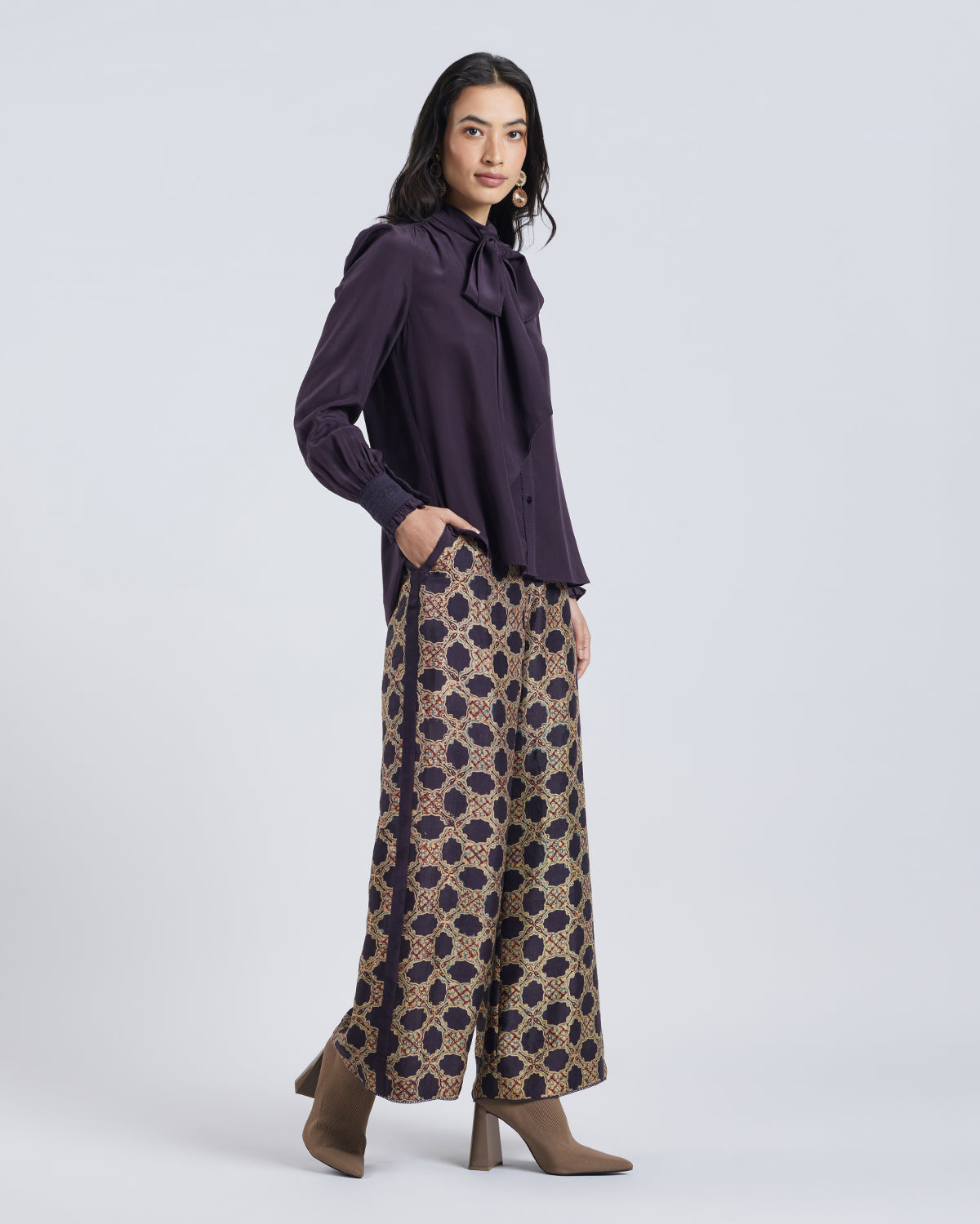 Brown Scarf Neck Silk Blouse