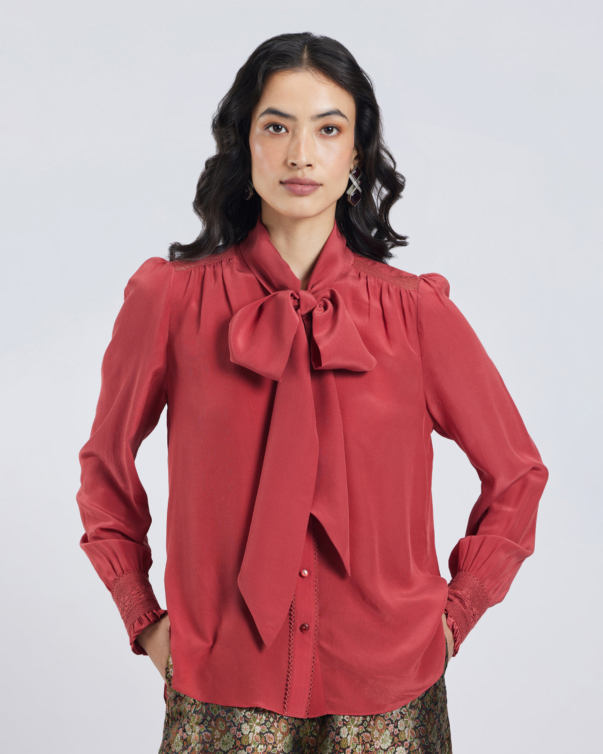 Terracotta Scarf Neck Silk Blouse