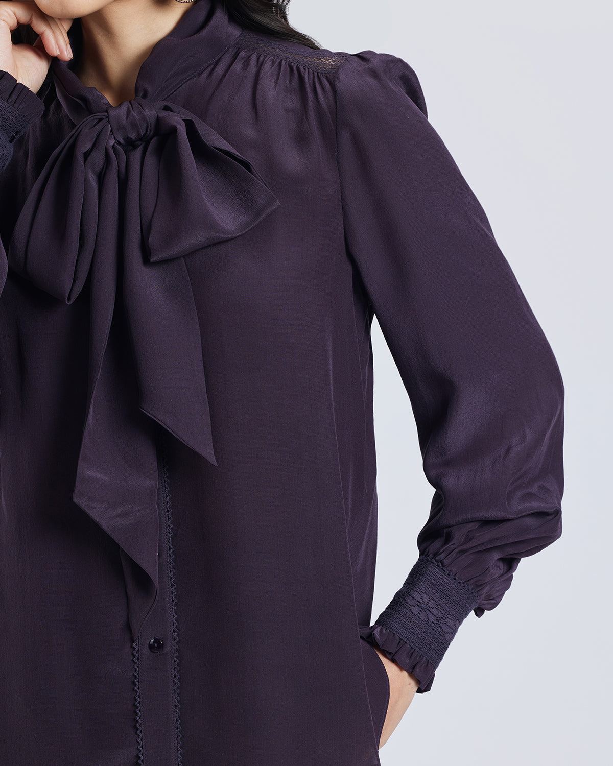 Brown Scarf Neck Silk Blouse