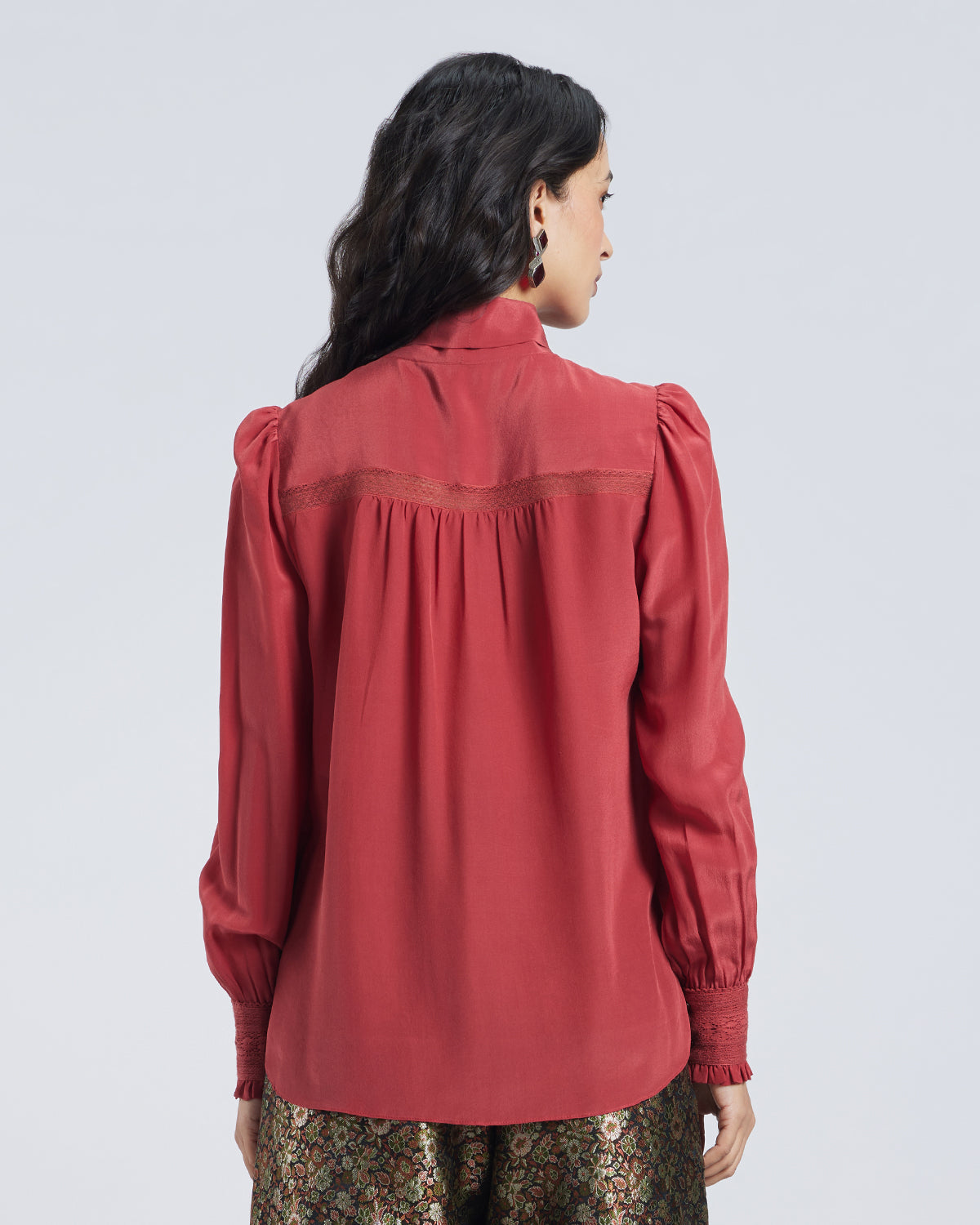 Terracotta Scarf Neck Silk Blouse