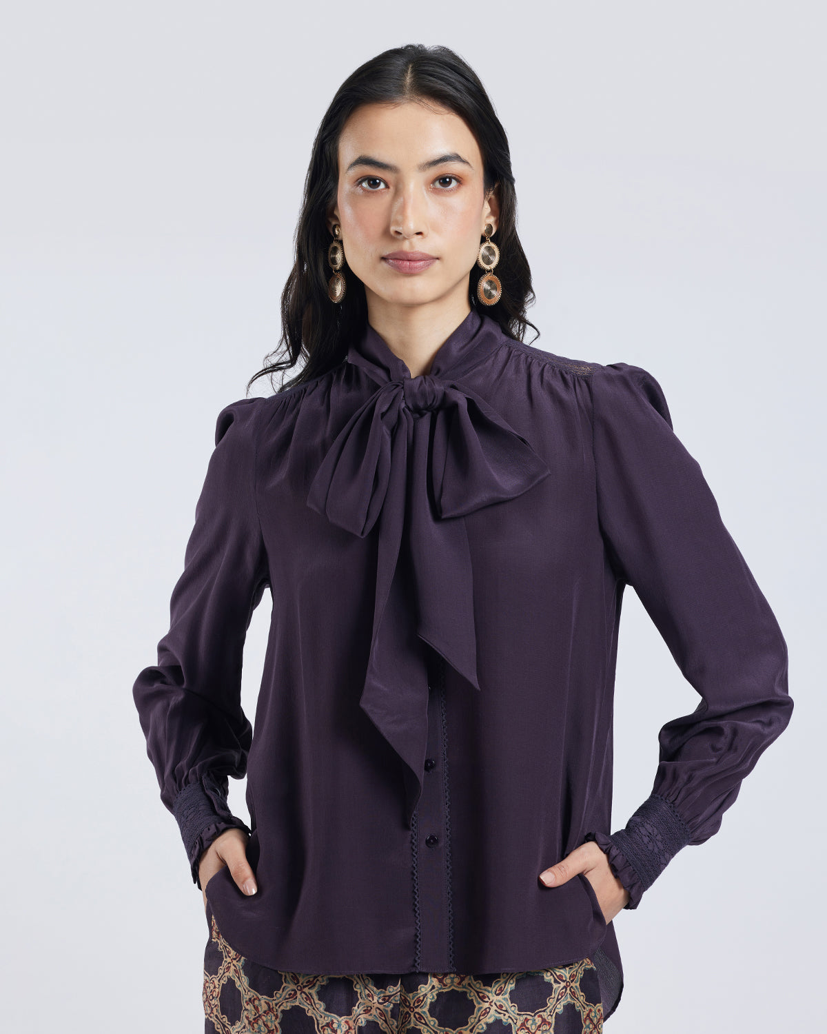 Brown Scarf Neck Silk Blouse
