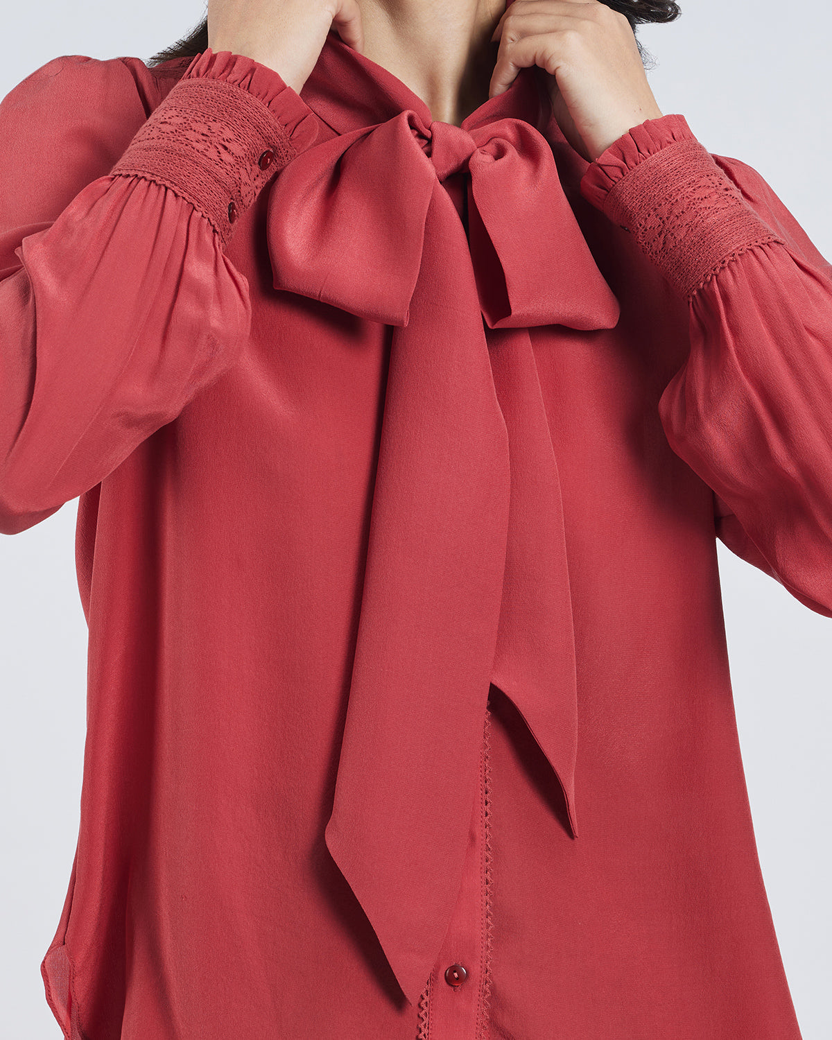 Terracotta Scarf Neck Silk Blouse