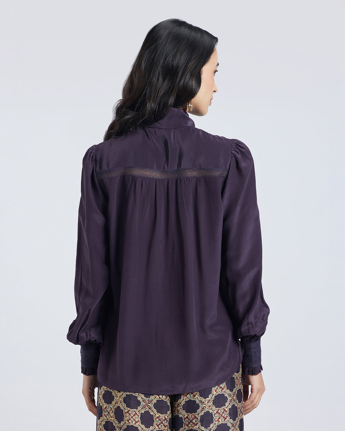 Brown Scarf Neck Silk Blouse