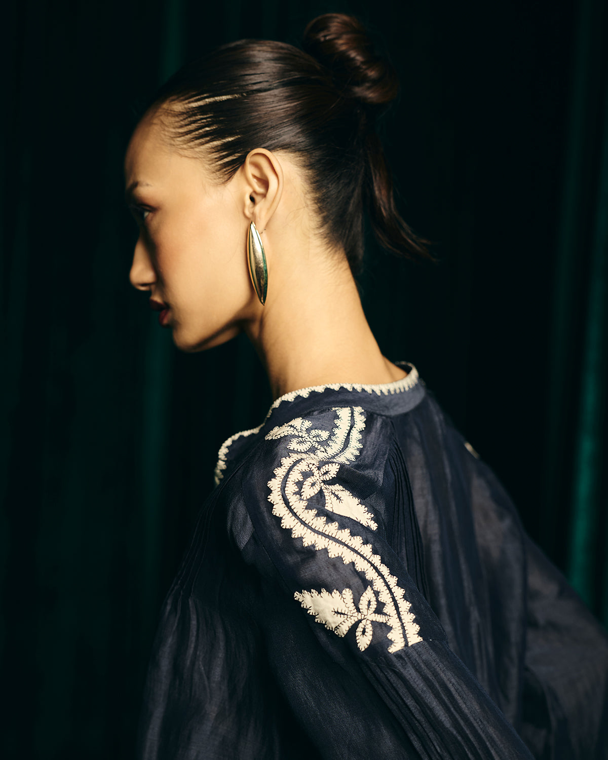 Valentina Navy Blue Embroidered Pintuck blouse