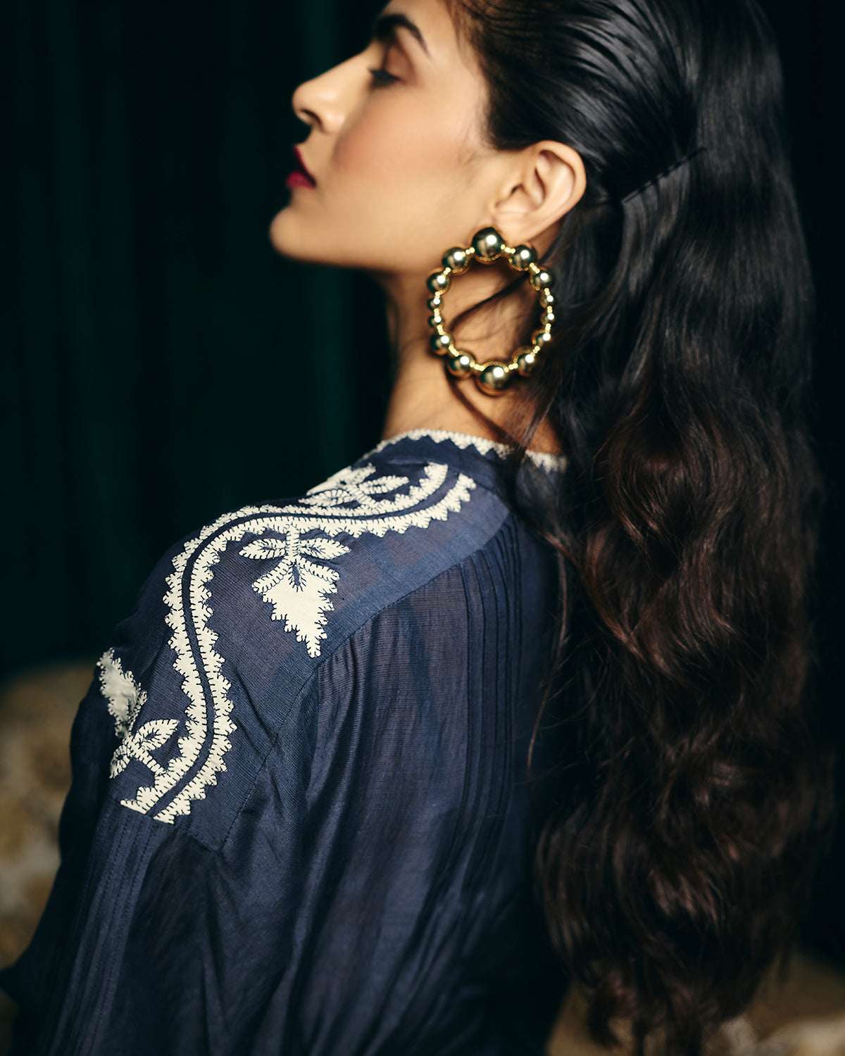 Valentina Navy Embroidered Pintuck Dress