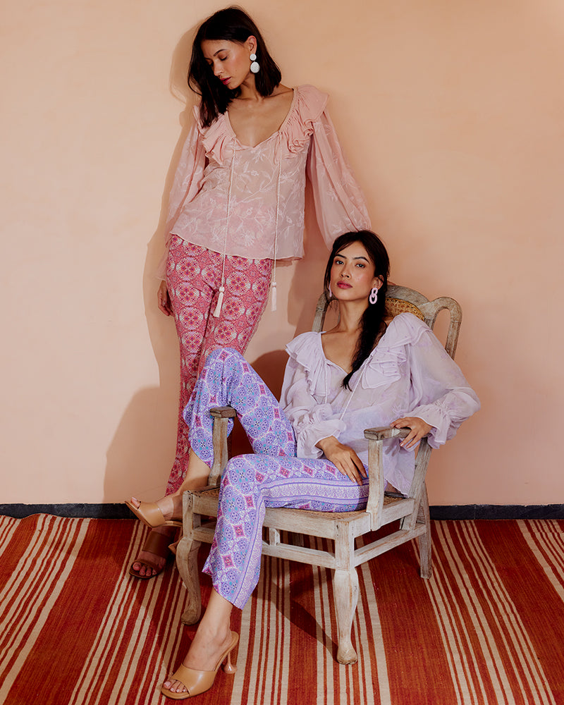 Pink Ruffled Silk Blouse With Dori Embroidery