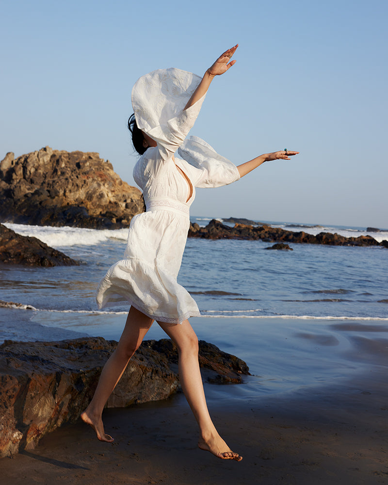 White Lace Trimmed Embroidered Linen Blend Dress White Lace Trimmed Embroidered Linen Blend Dress