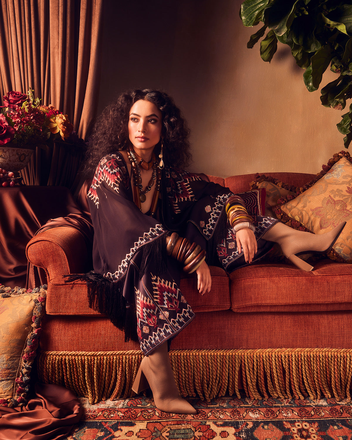 Folk Embroidered Silk Satin Pant