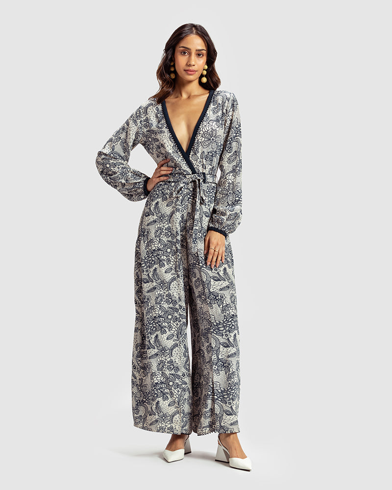 Lace Print Silk Crepe Jumpsuit
