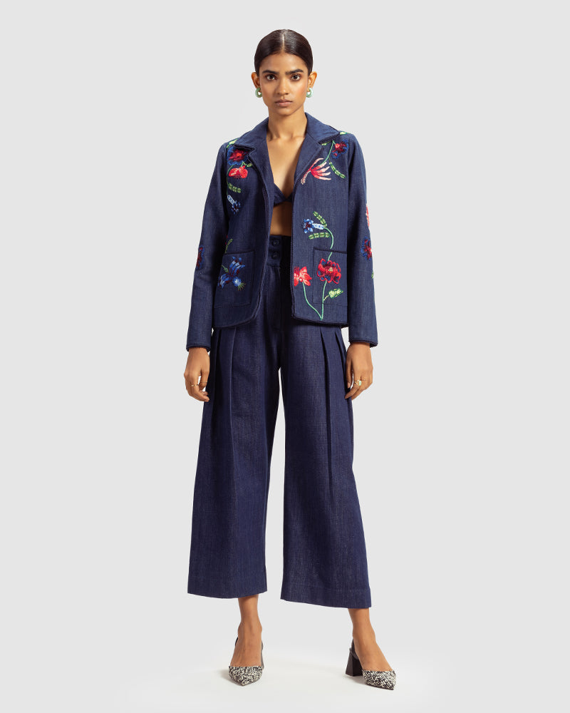 Fiori Embroidered Handwoven Denim JacketProduct DescriptionThis handwoven denim jacket is adorned with exquisite floral motifs inspired by centuries-old folk miniature paintings and crafted using hand needJacketsFiori Embroidered Handwoven Denim Jacket
