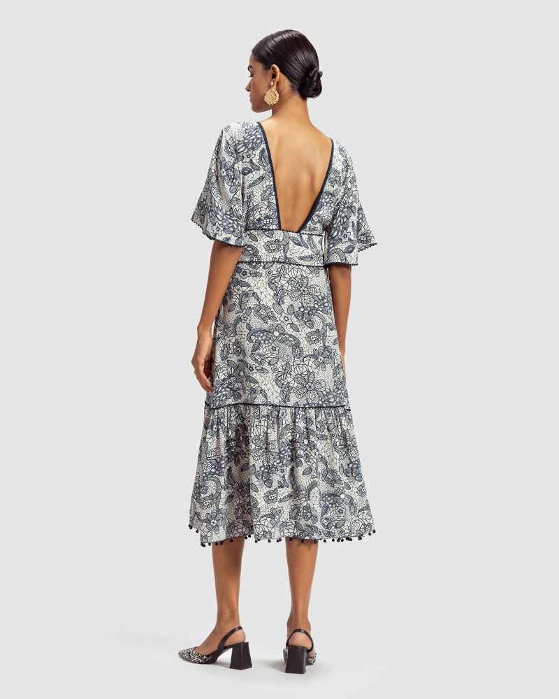 Lace Print Silk Kaya DressProduct DescriptionMade from silk crepe, this statement dress features vintage French lace-inspired print. With a relaxed fit over the shoulders, it also adds a toucDressesLace Print Silk Kaya Dress