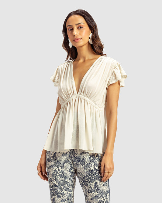 Ivory Gathered Silk Georgette TopProduct DescriptionMade from 100% silk georgette, this top features hand-guided machine embroidery inspired by floral motifs. Details include a V-shaped neckline, smTopsIvory Gathered Silk Georgette Top