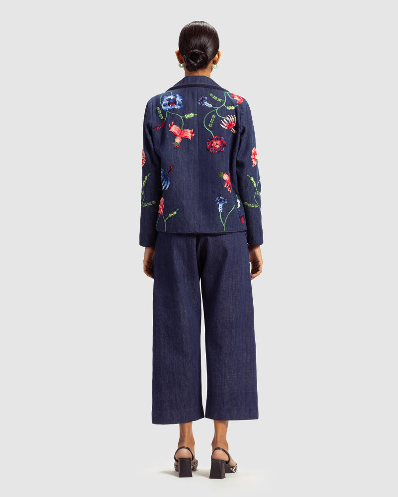 Fiori Embroidered Handwoven Denim JacketProduct DescriptionThis handwoven denim jacket is adorned with exquisite floral motifs inspired by centuries-old folk miniature paintings and crafted using hand needJacketsFiori Embroidered Handwoven Denim Jacket