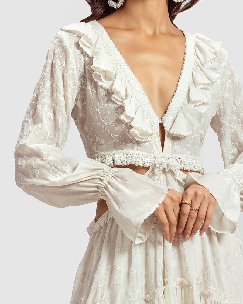 White Embroidered Cutout Silk Georgette DressProduct DescriptionOur silk georgette dress features a prominent cut-out waist, a ruffled neckline, and hand-guided machine embroidery inspired by floral motifs. DetDressesWhite Embroidered Cutout Silk Georgette Dress
