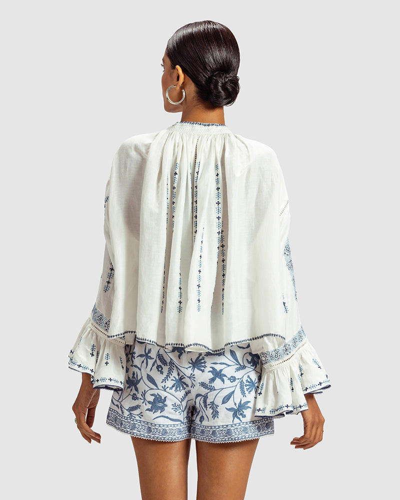 Blue on White Embroidered Linen Blend Boho TopProduct DescriptionThis linen blend boho top features an eclectic blend of blue-on-white lace and embroidery with Kolam-inspired motifs. Comes in an oversized relaxeTopsWhite Embroidered Linen Blend Boho Top