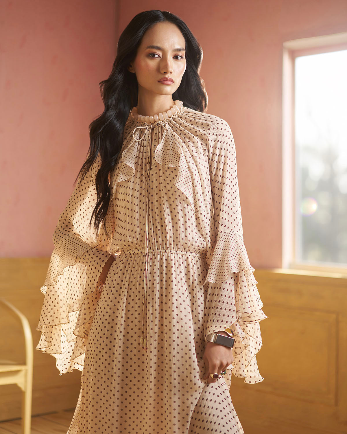 Shiloh Polka-print  ruffle dress