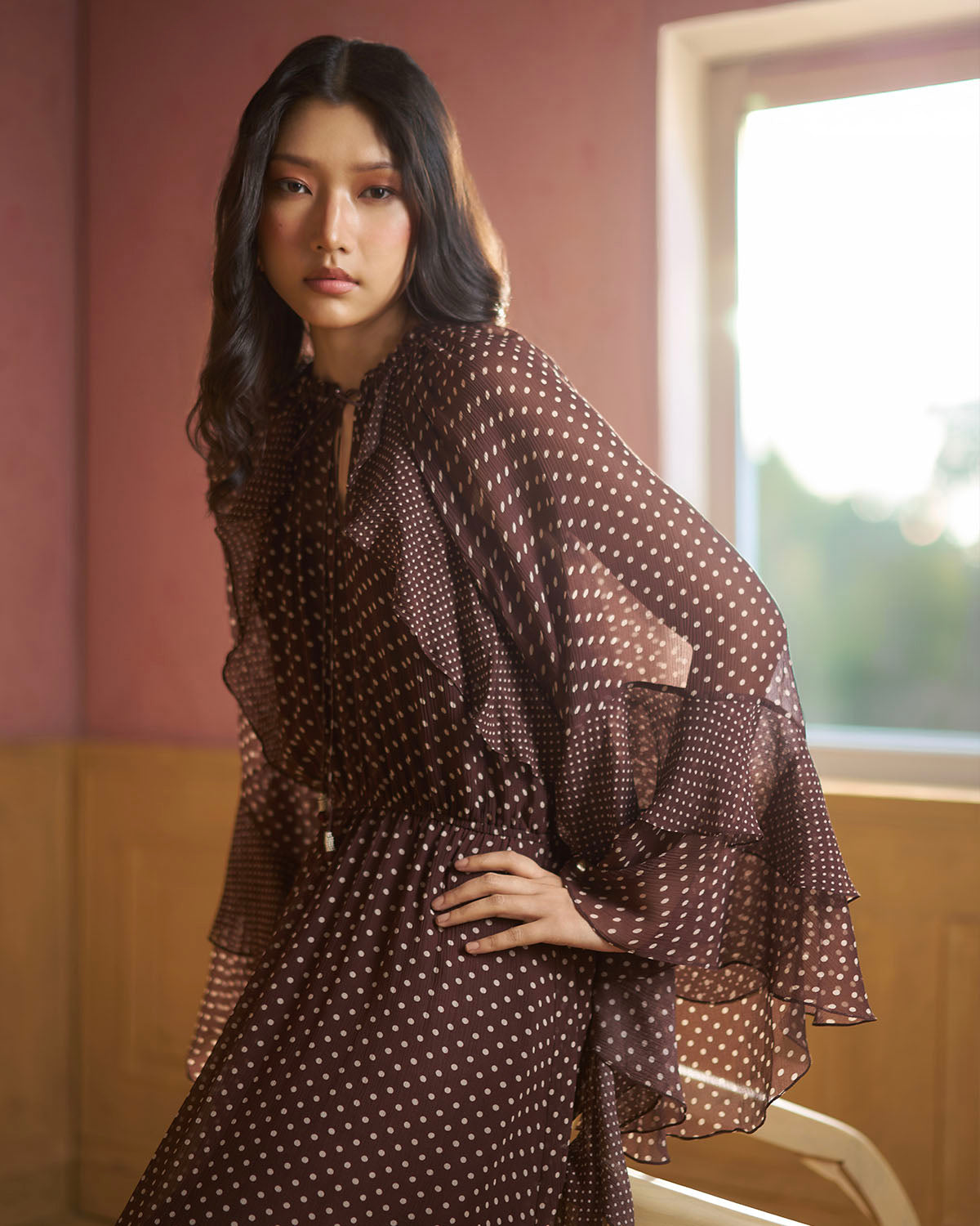 Shiloh Polka-print  ruffle dress