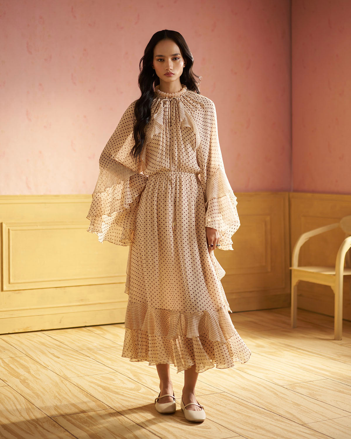 Shiloh Polka-print  ruffle dress