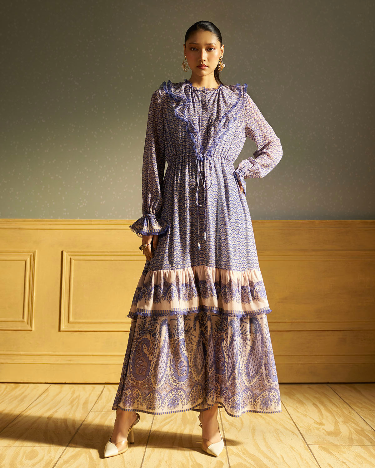 Callie Paisley-print  silk tier dress