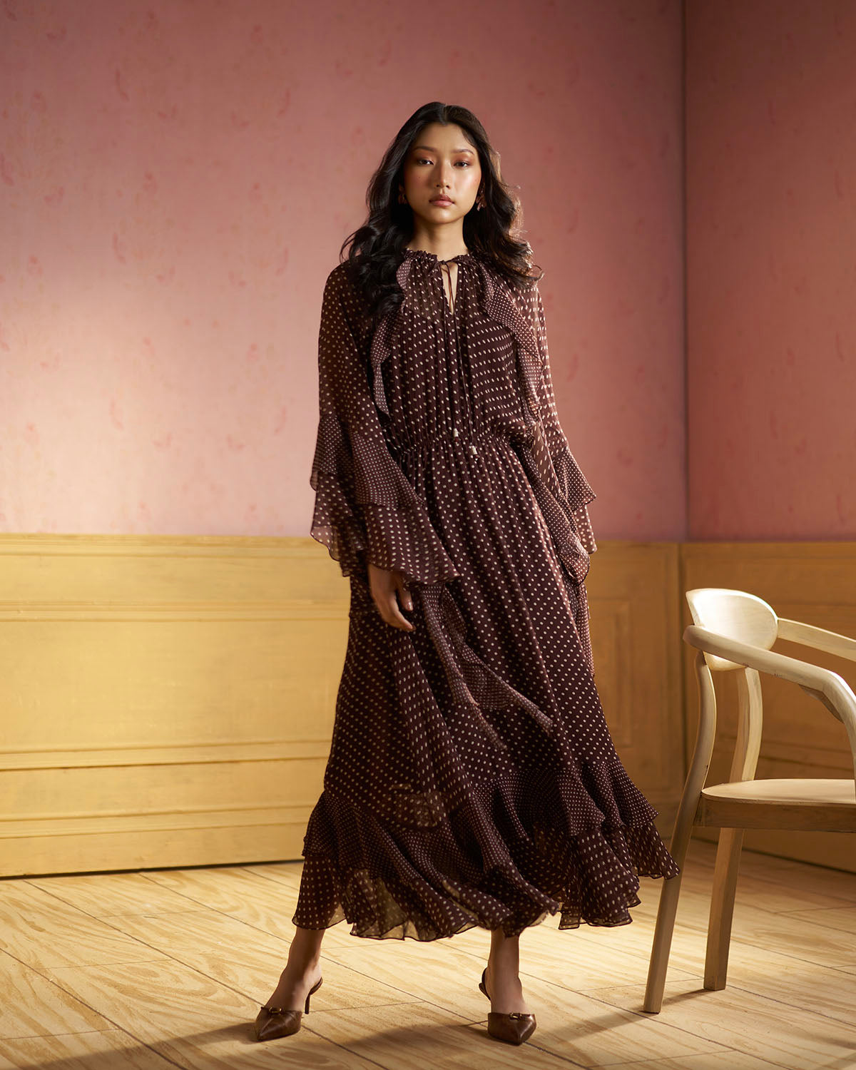 Shiloh Polka-print  ruffle dress