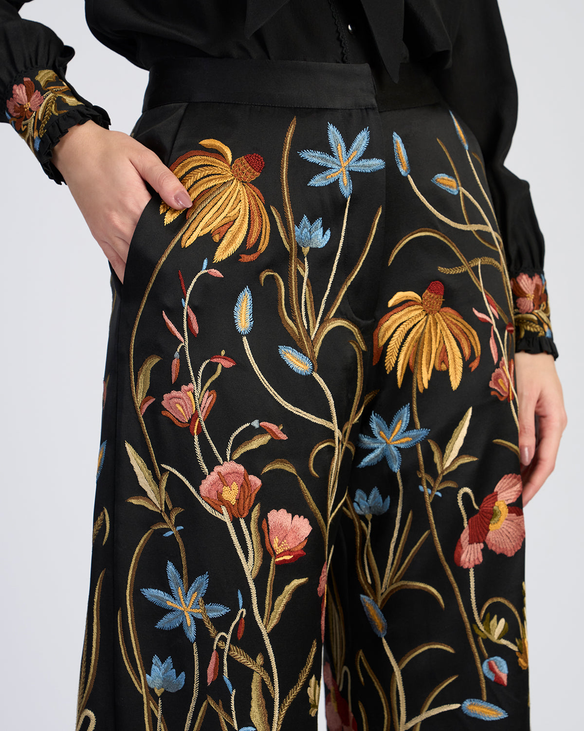 Floral Hand Embroidered Silk Pants