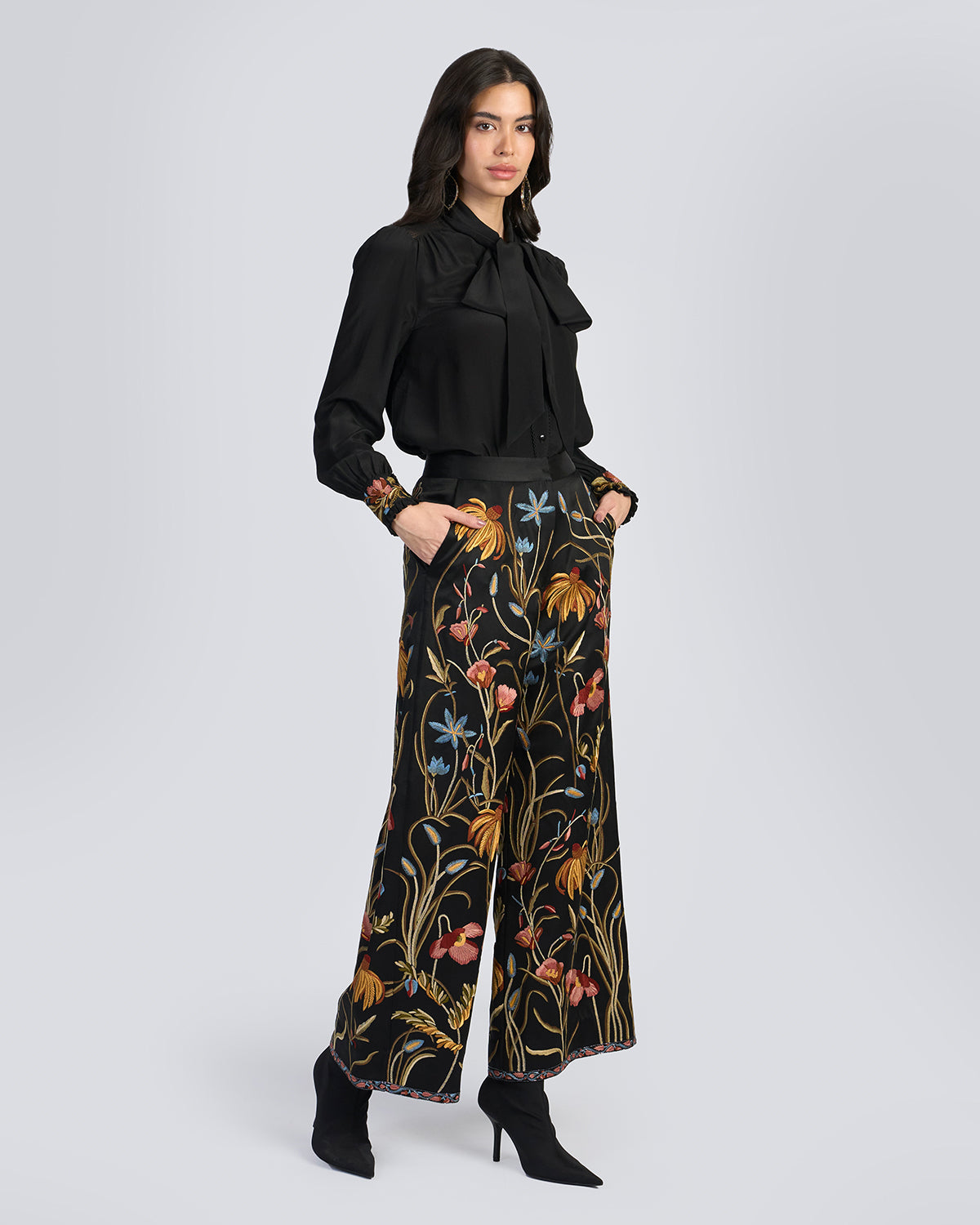 Floral Hand Embroidered Silk Pants