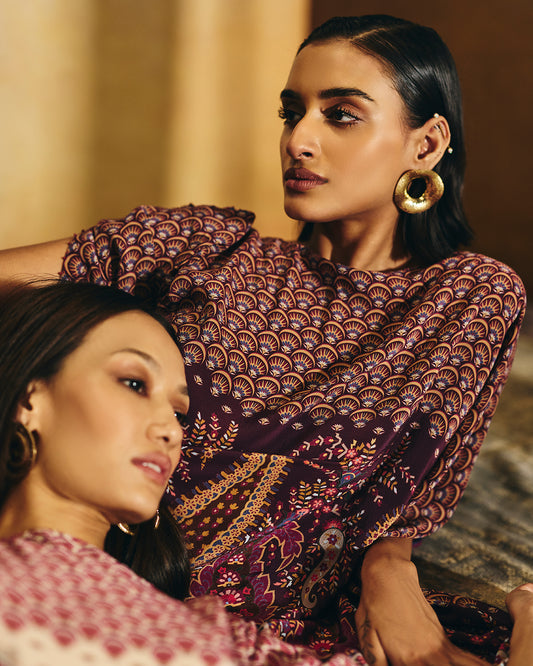 Rosa Wine Printed  Kaftan Co-ord Set