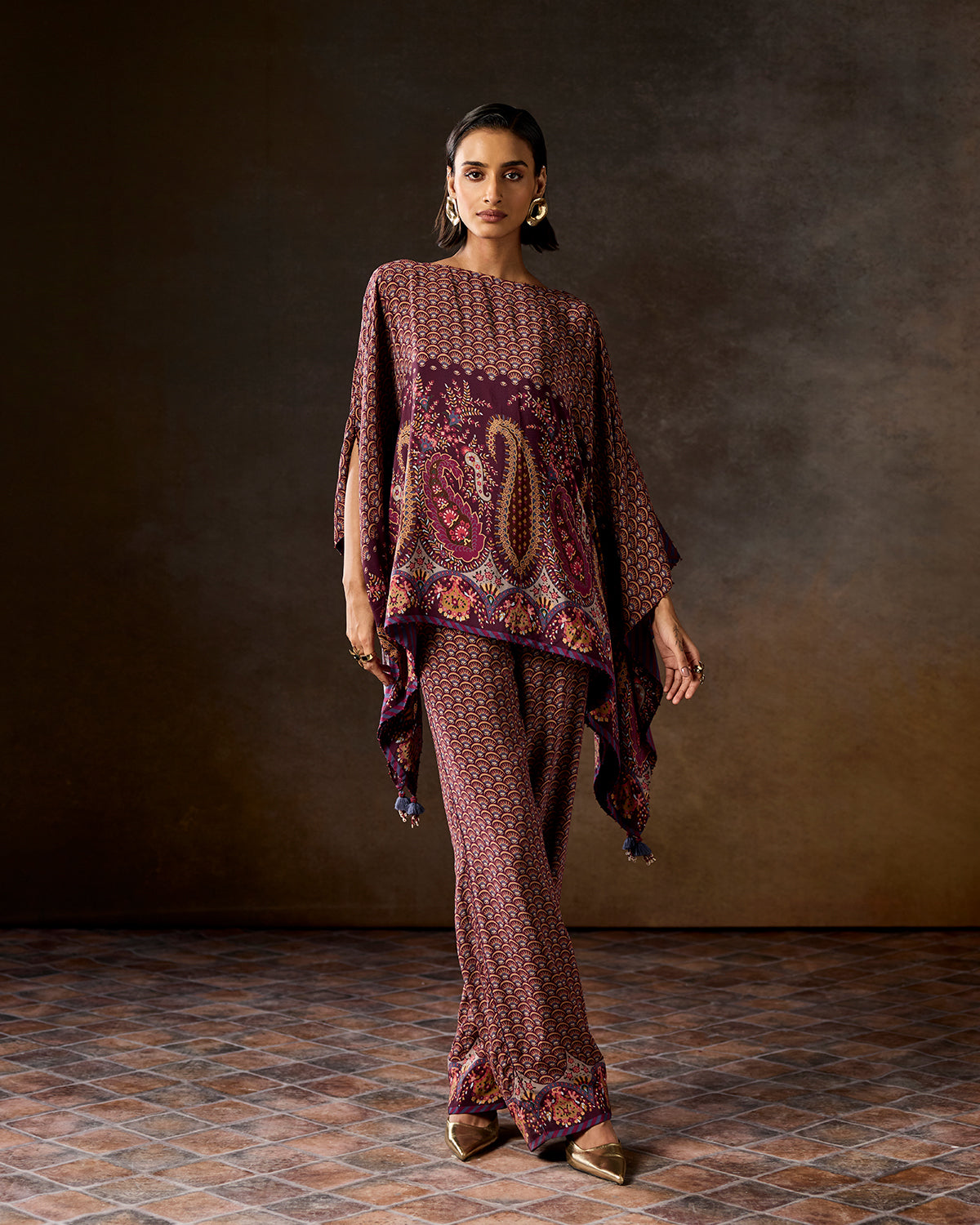 Rosa Wine Printed  Kaftan Co-ord Set