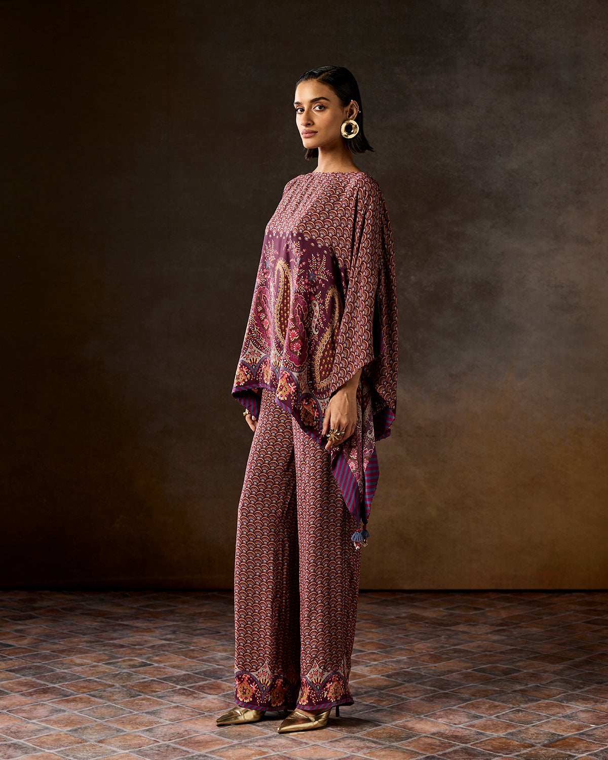 Rosa Wine Printed  Kaftan Co-ord Set
