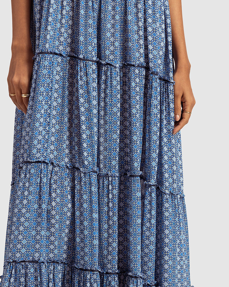 Geo Print Silk Georgette Maxi DressProduct DescriptionWith print patchwork inspired by folk geometric patterns, this panelled maxi dress is how we’ve reimagined Talitha’s signature bohemian language. DressesGeo Print Silk Georgette Maxi Dress