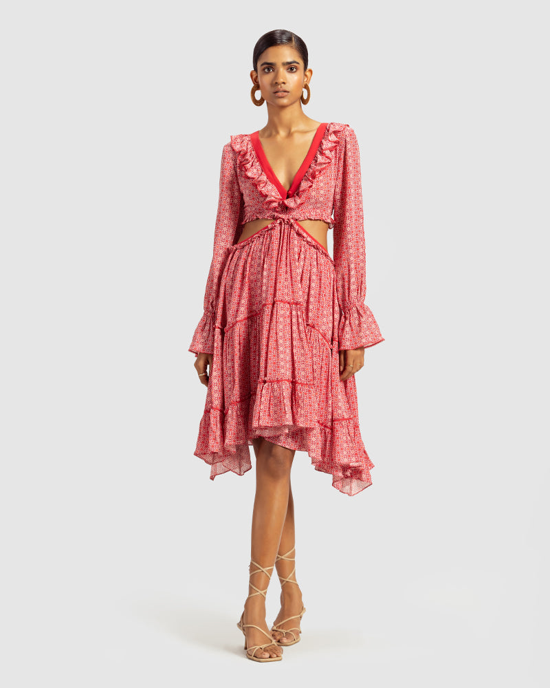 Coral Geo Print Embroidered Cutout Silk Georgette DressProduct DescriptionOur silk georgette dress makes a statement with its modern geometric motifs and a prominent cut-out waist. Details include a ruffled neckline, a cDressesCoral Geo Print Embroidered Cutout Silk Georgette Dress