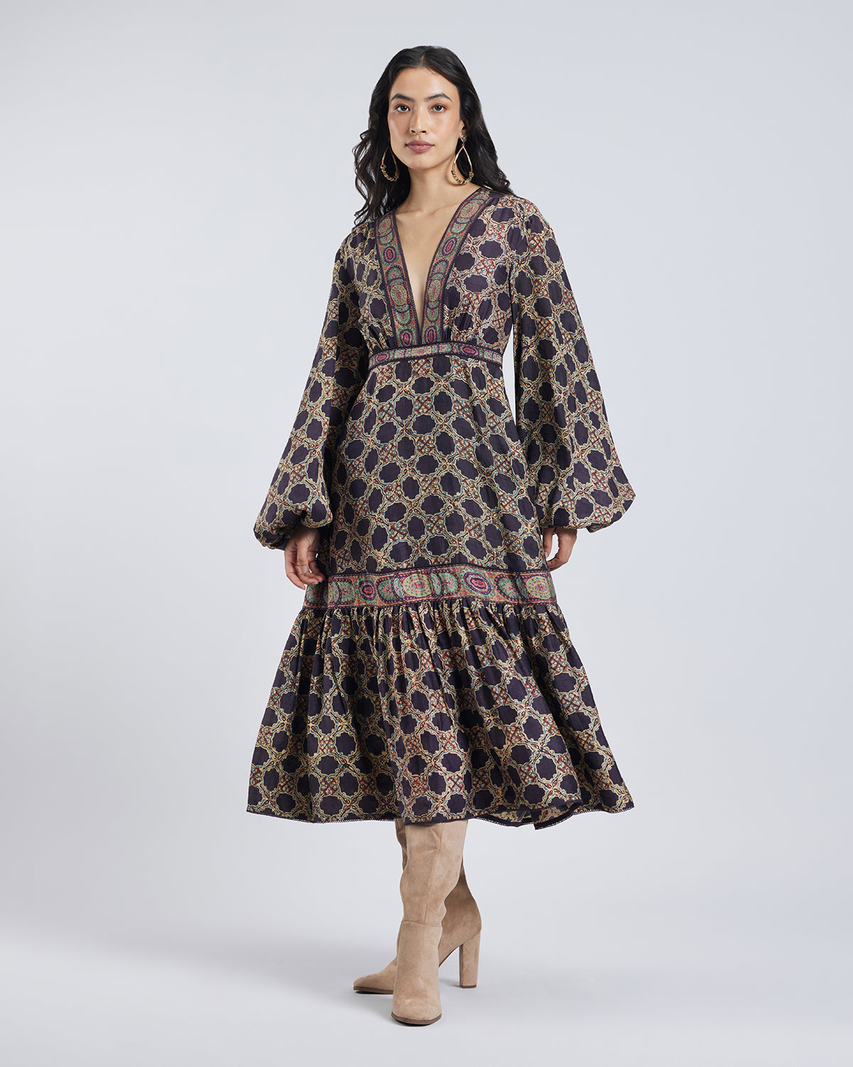 Ajrakh Print Gathered Silk Dress