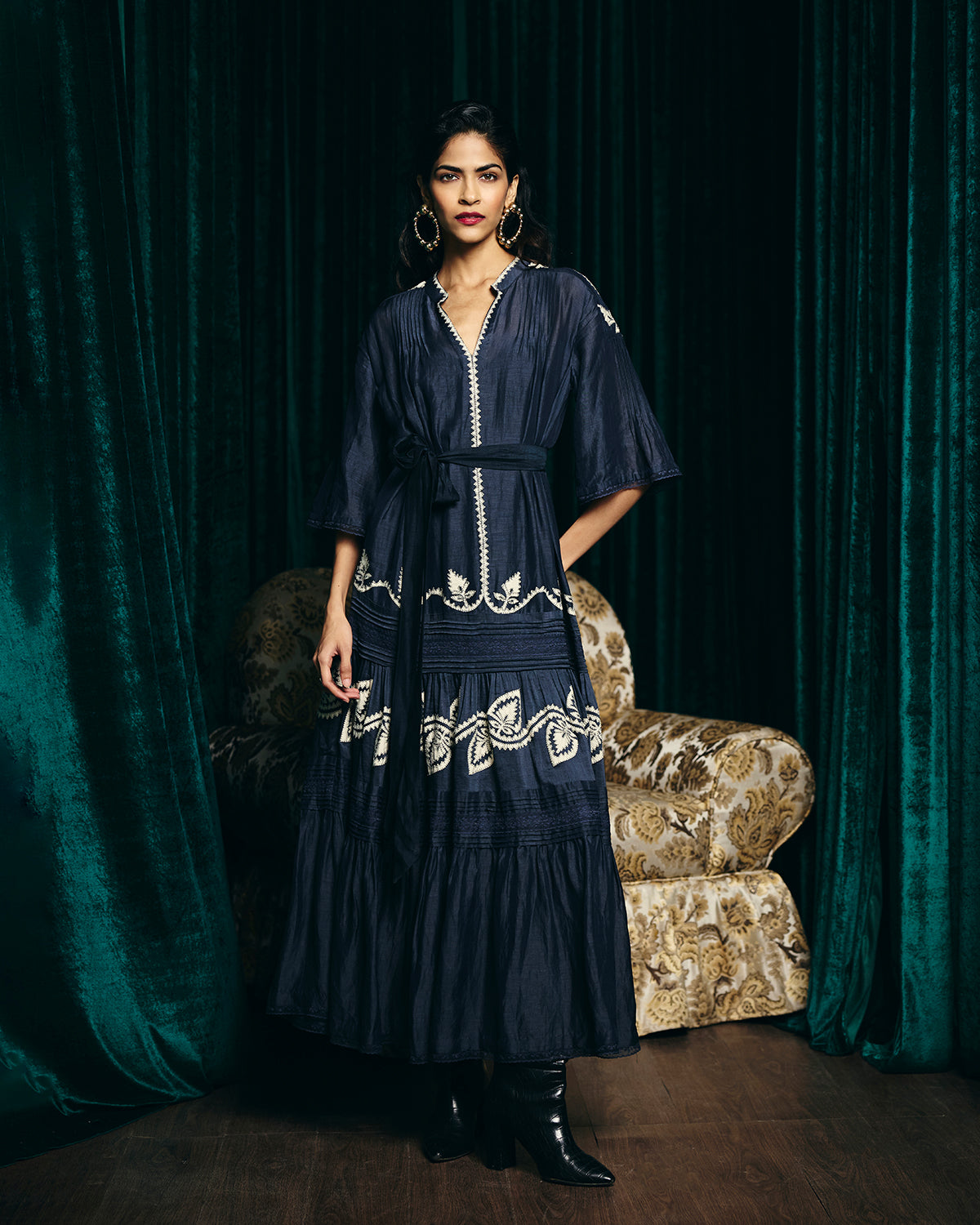 Valentina Navy Blue Embroidered Pintuck Dress