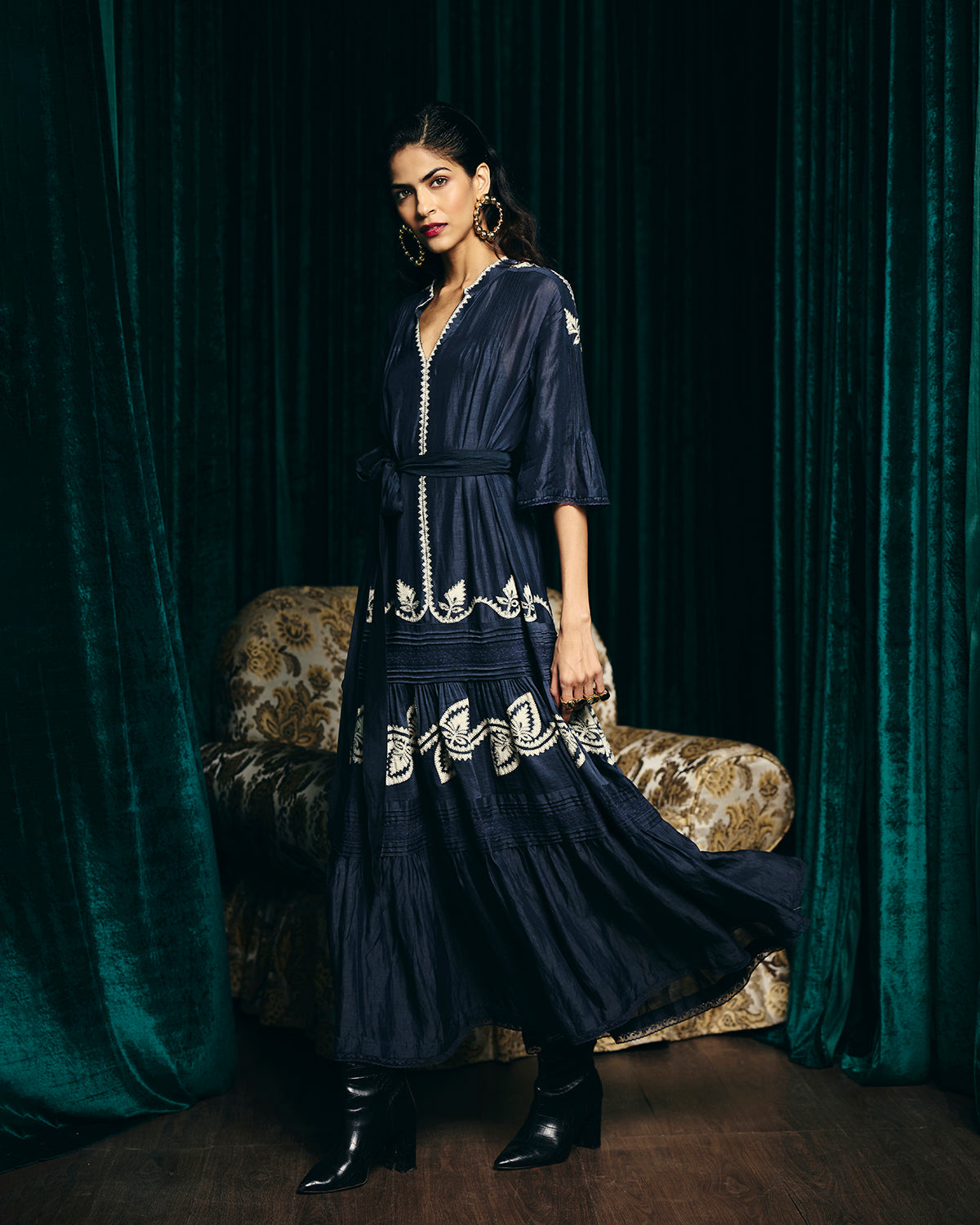 Valentina Navy Blue Embroidered Pintuck Dress