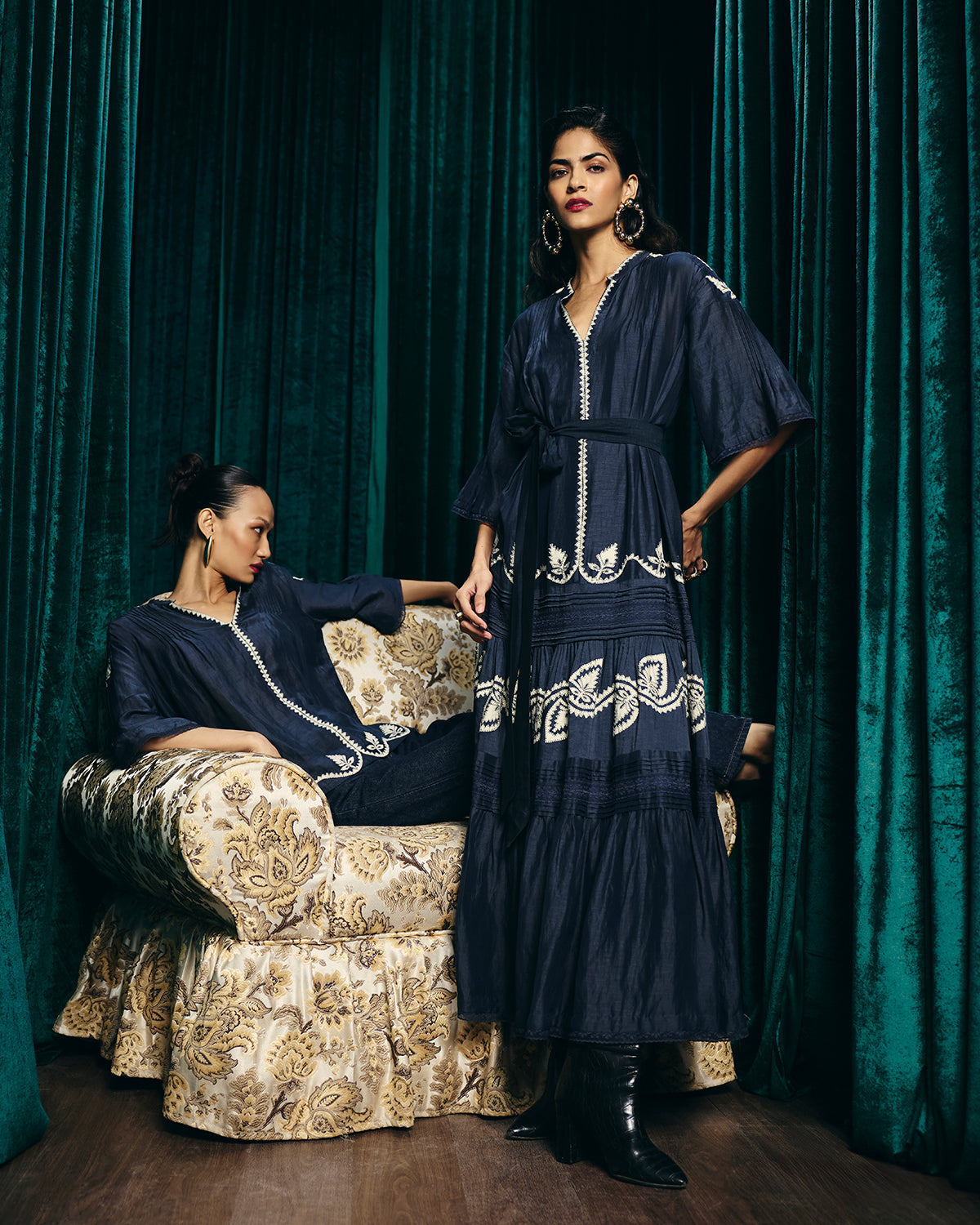 Valentina Navy Blue Embroidered Pintuck Dress