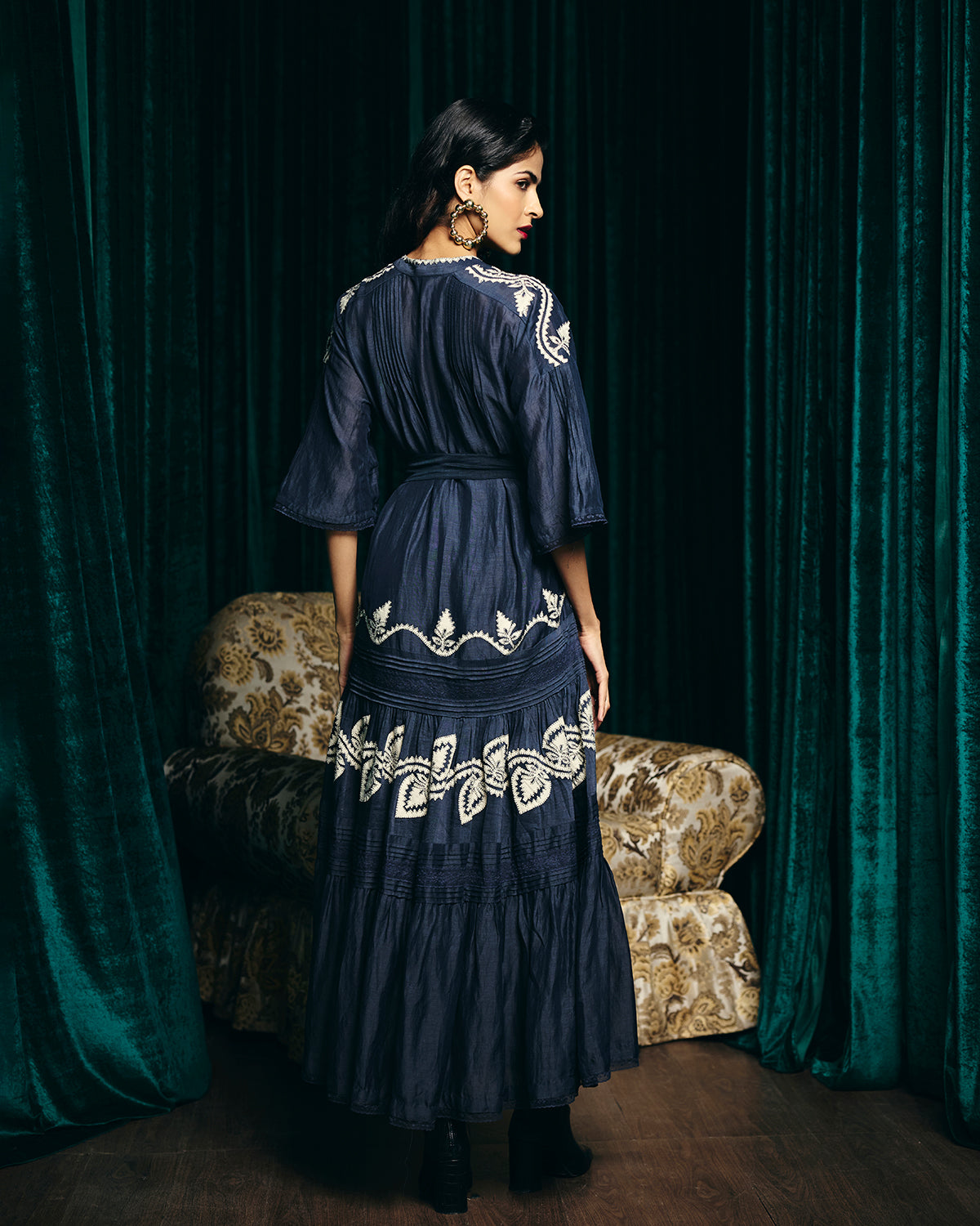 Valentina Navy Blue Embroidered Pintuck Dress