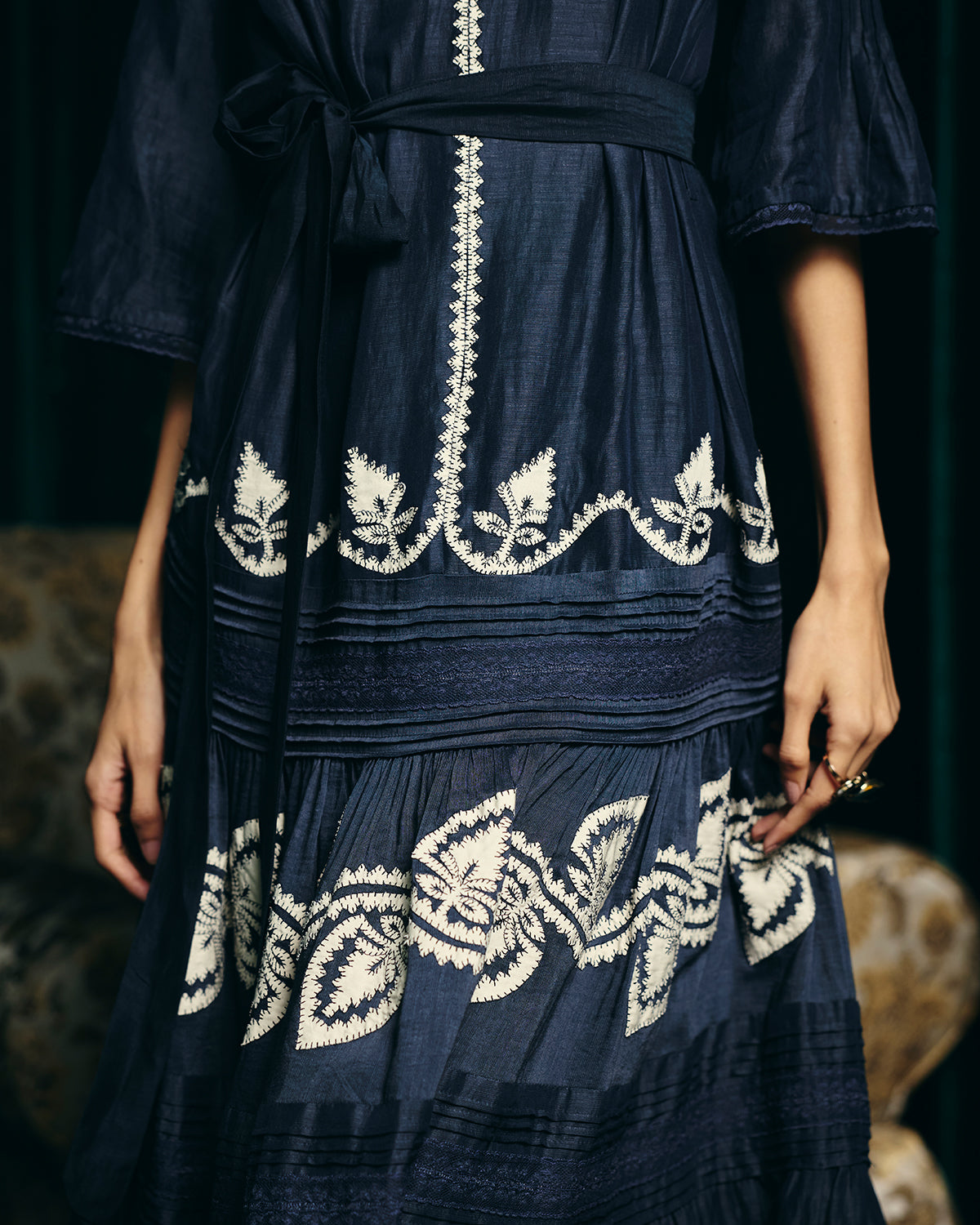 Valentina Navy Blue Embroidered Pintuck Dress